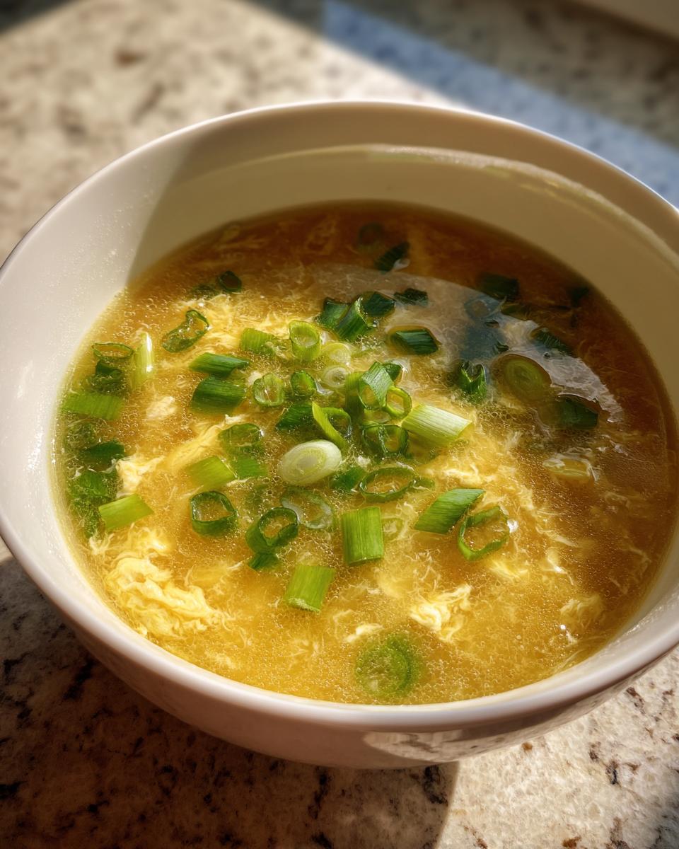 A close-up of a white bowl filled with golden broth and ribbons of cooked egg, topped generously with fresh green onions, showing a perfect egg drop texture.