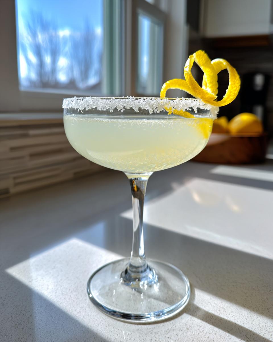 A bright Lemon Drop cocktail in a sugar-rimmed coupe glass, garnished with a lemon twist, sitting in sunlight.