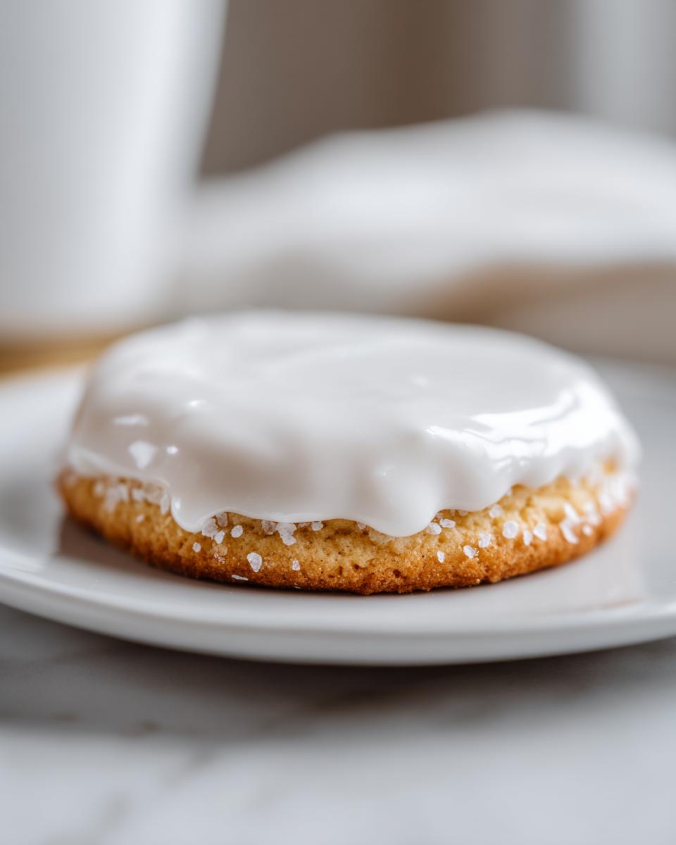 Close-up of a round sugar cookie topped with thick, glossy white sugar cookie icing that hardens.
