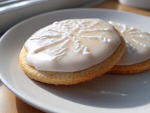 Two round sugar cookies topped with smooth, white sugar cookie icing that hardens, featuring simple piped designs.