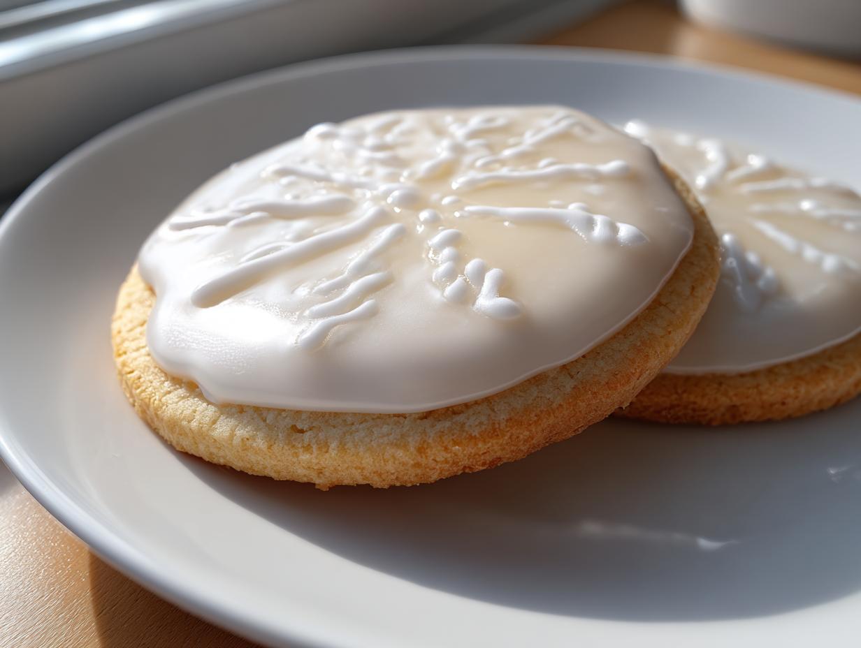 Two round sugar cookies topped with smooth, white sugar cookie icing that hardens, featuring simple piped designs.