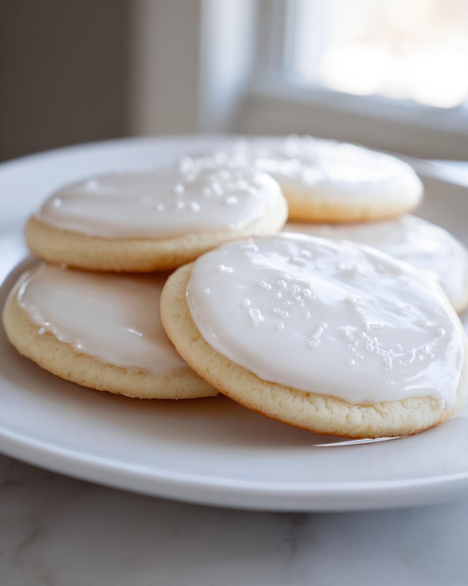 Close-up of soft sugar cookies topped with glossy white sugar cookie icing that hardens, sprinkled with fine white nonpareils.