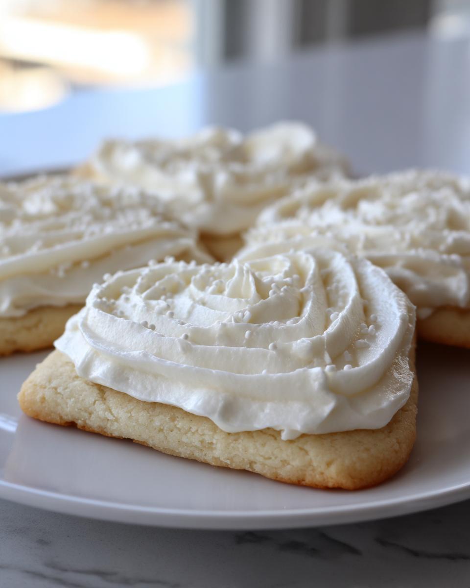 Close-up of a square sugar cookie topped with thick white piped sugar cookie icing that hardens, sprinkled with nonpareils.
