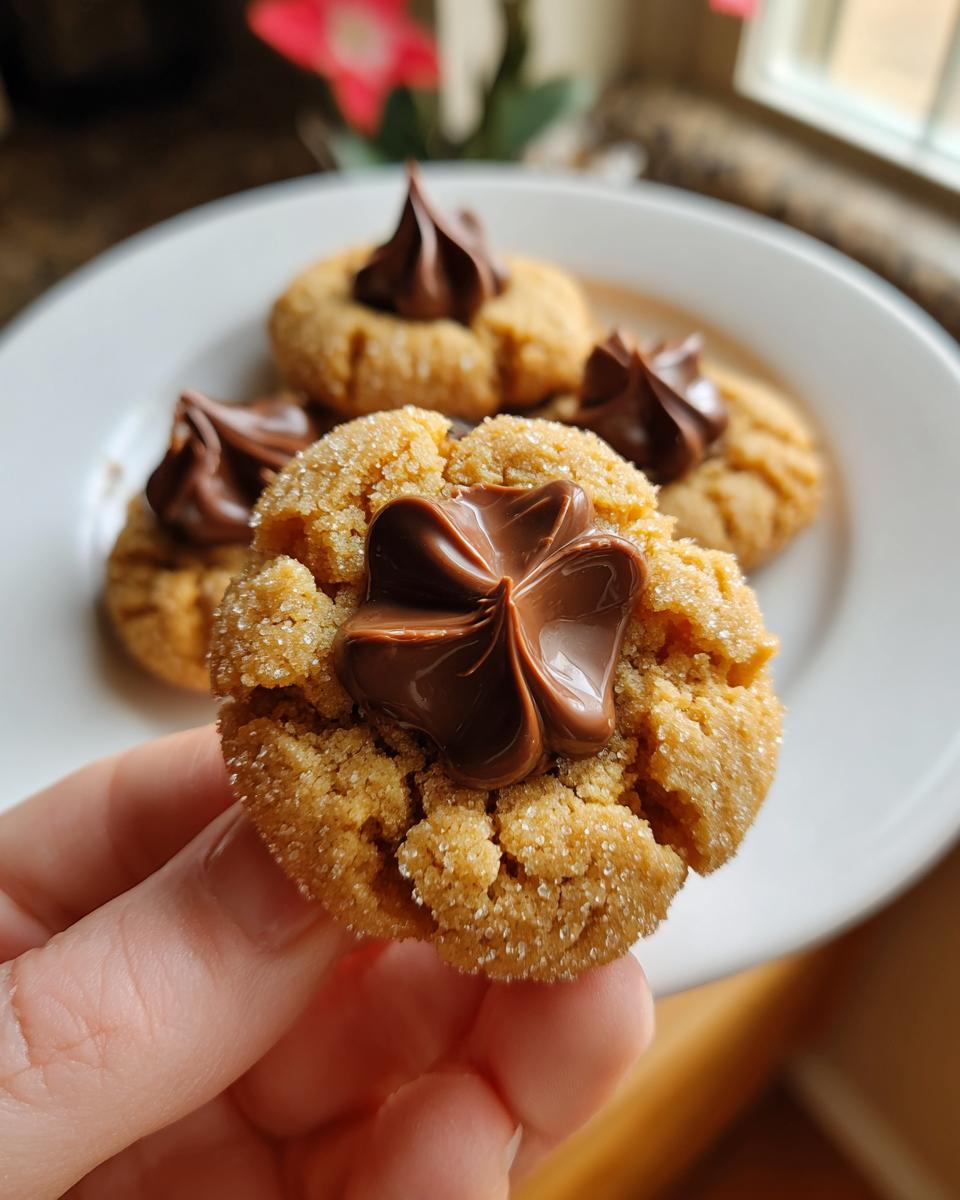 A hand holding one sugar-coated kiss cookie topped with swirled chocolate, with more cookies on a white plate behind it.