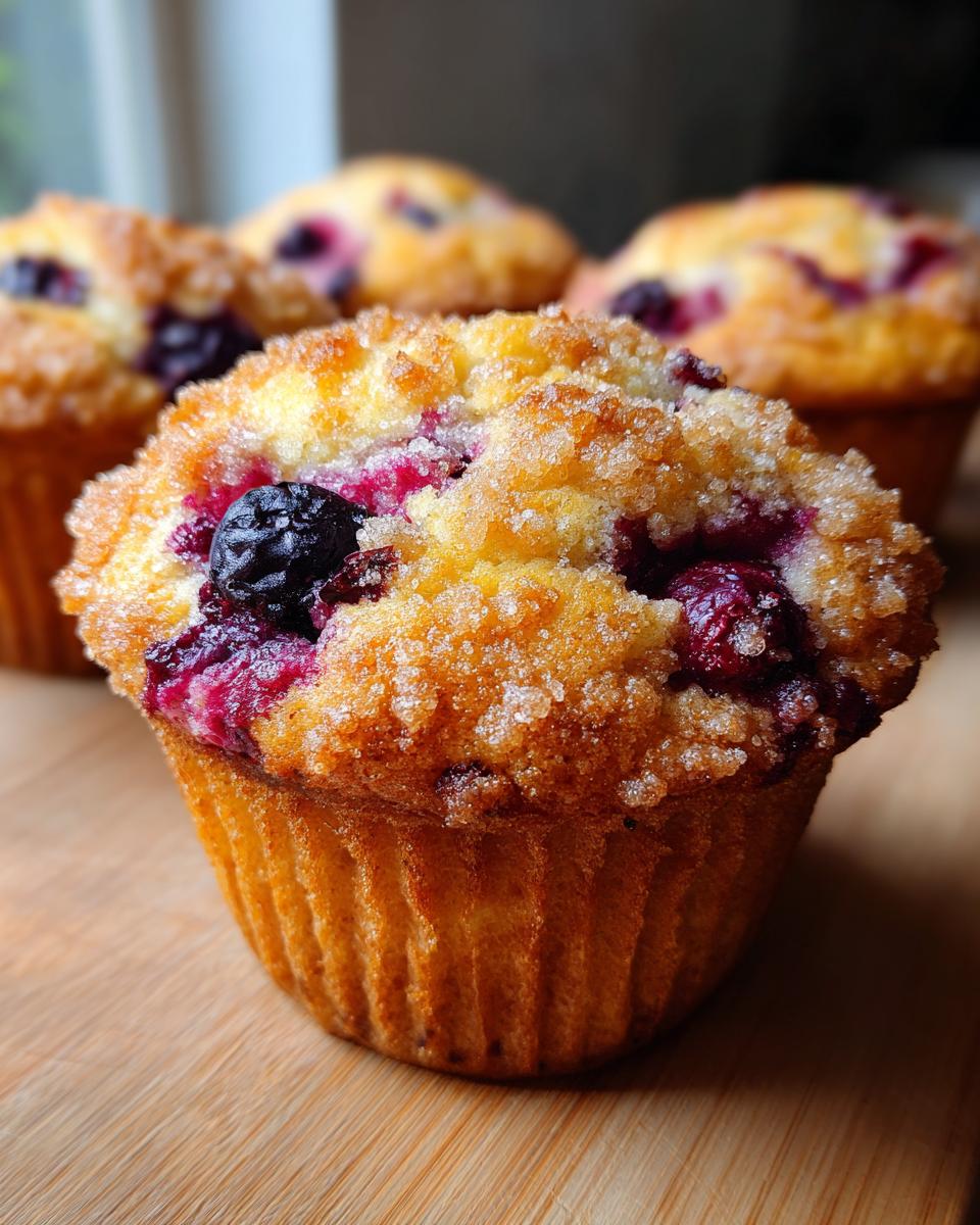 A close-up of a golden blueberry muffin topped with coarse sugar and bursting blueberries.