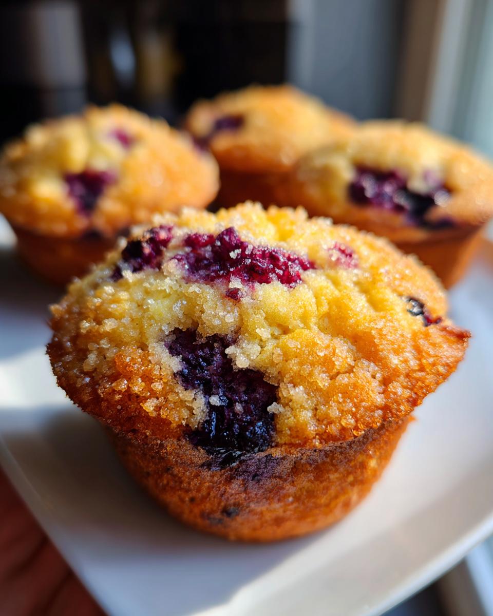 A close-up of a golden-brown blueberry muffin topped with coarse sugar, showing juicy burst blueberries.