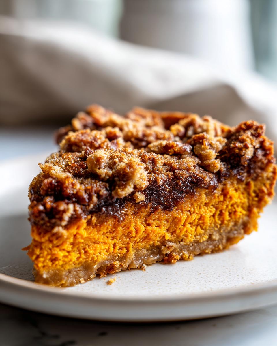 Close-up of a rich slice of sweet potato casserole featuring a bright orange filling and thick, brown streusel topping.