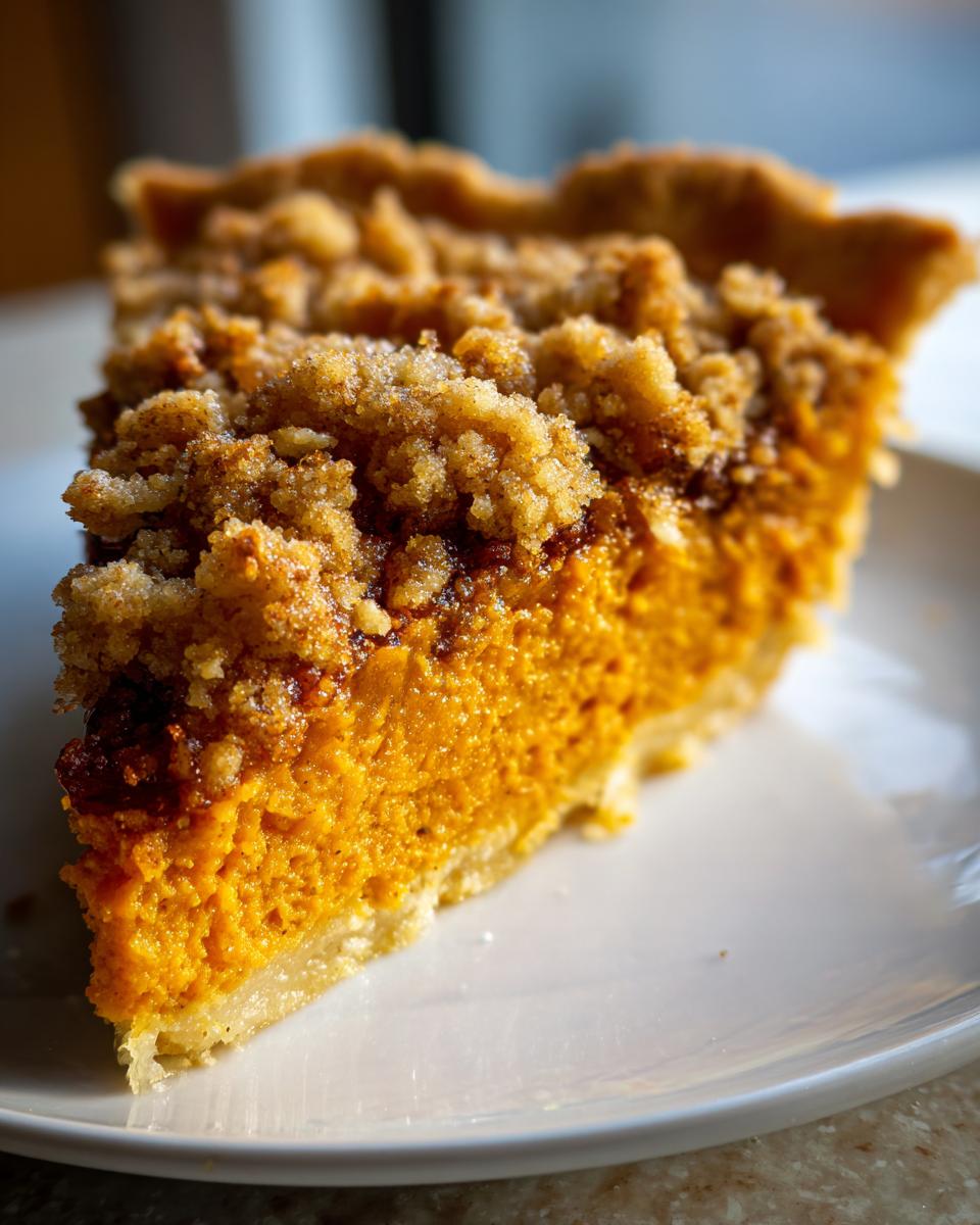 Close-up of a rich, orange slice of sweet potato casserole topped with a thick, sugary crumble.