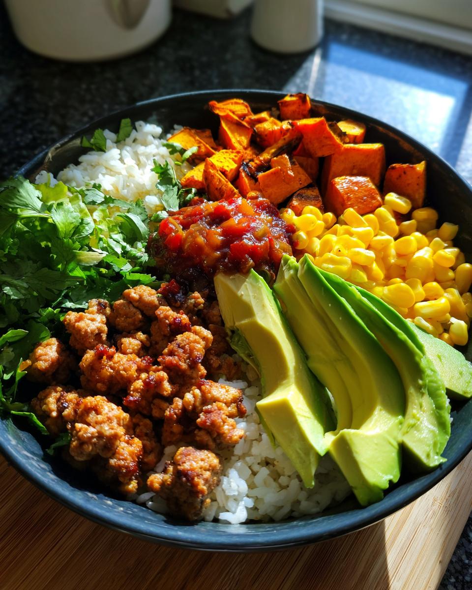 A vibrant sweet potato taco bowl featuring rice, seasoned meat, roasted sweet potatoes, corn, avocado slices, salsa, and cilantro.