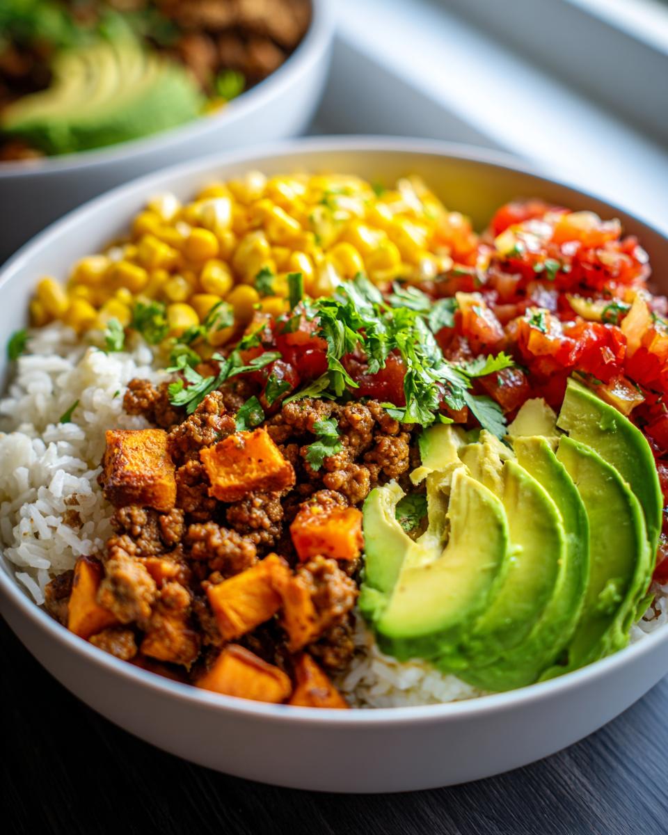 A vibrant sweet potato taco bowl featuring rice, seasoned ground meat, roasted sweet potato chunks, corn, salsa, and sliced avocado.