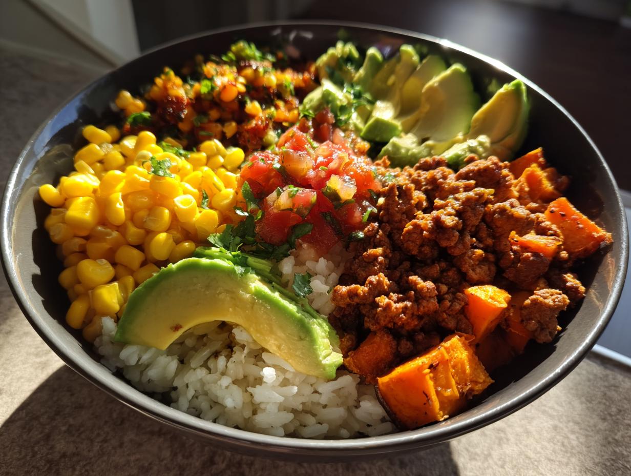 A vibrant sweet potato taco bowl featuring rice, seasoned ground meat, roasted sweet potato chunks, corn, salsa, and sliced avocado.