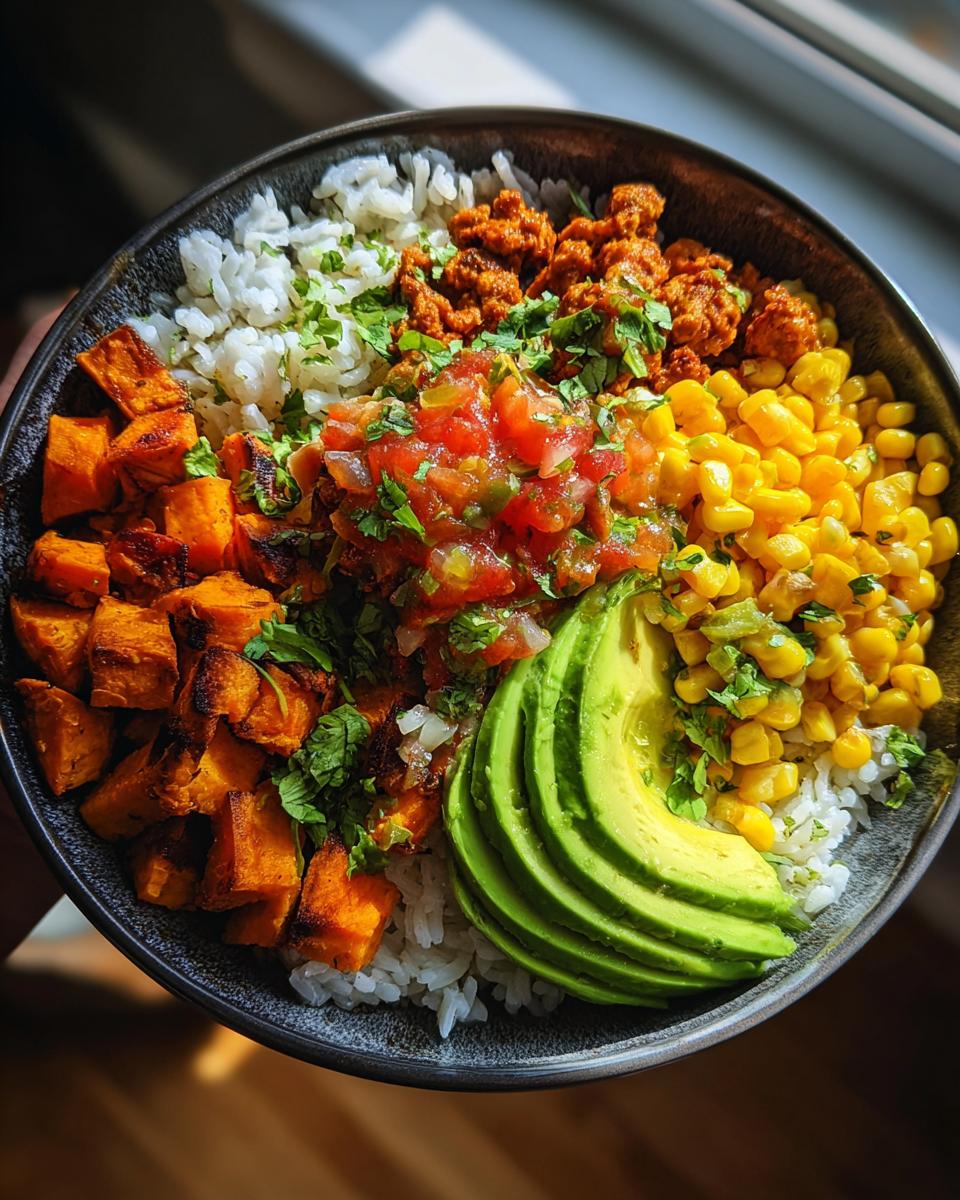 Overhead view of a vibrant sweet potato taco bowl featuring rice, seasoned crumbles, roasted sweet potato cubes, corn, salsa, and sliced avocado.