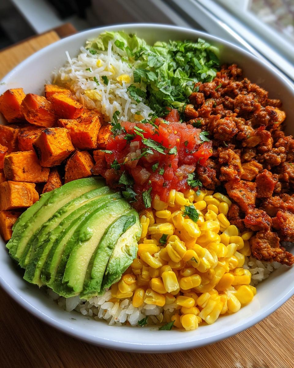 A vibrant sweet potato taco bowl featuring roasted sweet potato cubes, seasoned meat, avocado, corn, rice, salsa, and lettuce.