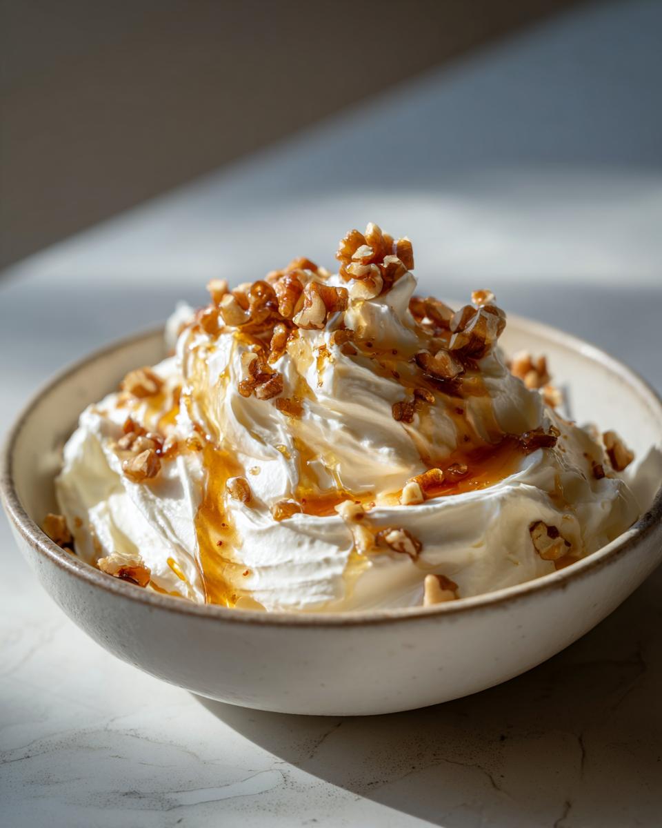 Close-up of a bowl of creamy whipped ricotta dip topped with drizzled honey and chopped walnuts.