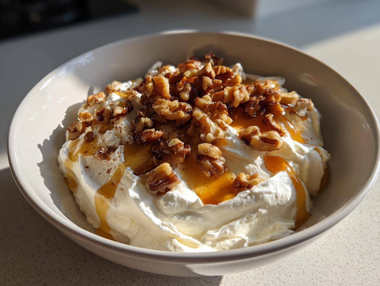 A bowl of creamy whipped ricotta dip topped generously with chopped walnuts and drizzled with golden honey.