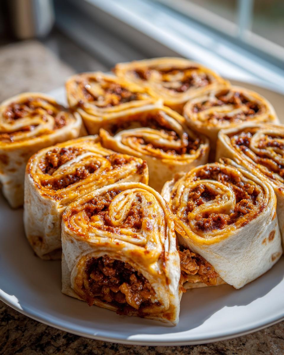 A plate filled with freshly cut taco pinwheels showing the savory ground meat filling rolled in tortillas.