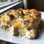 A close-up serving of creamy chicken and rice casserole topped with melted cheddar cheese and herbs.