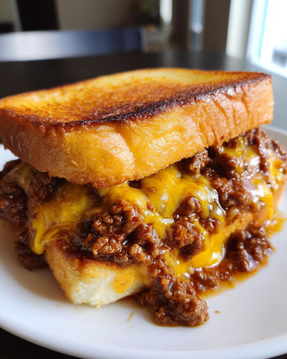 Close-up of a messy, cheesy Texas Toast Sloppy Joes sandwich dripping with sauce on a white plate.