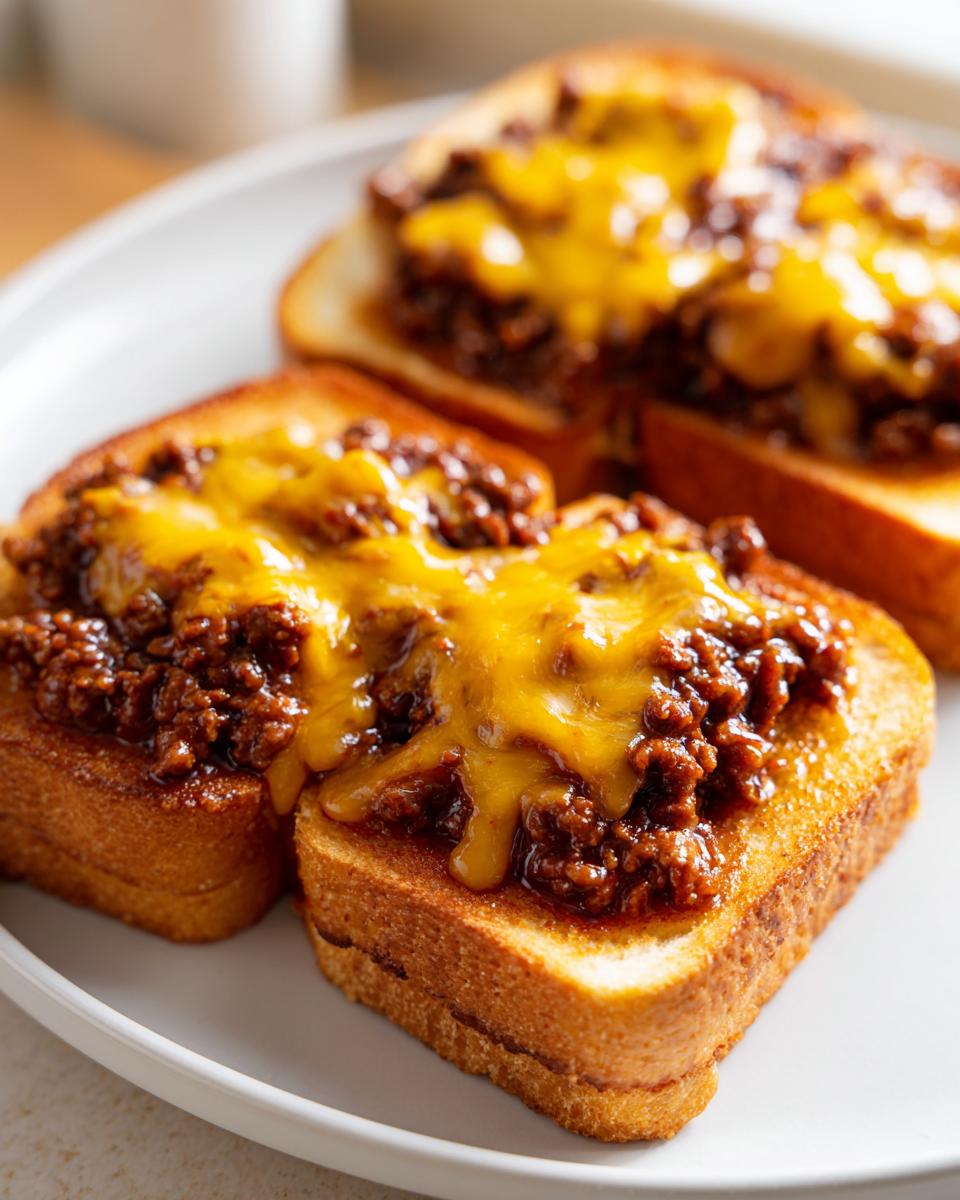 Close-up of cheesy texas toast sloppy joes served on a white plate.