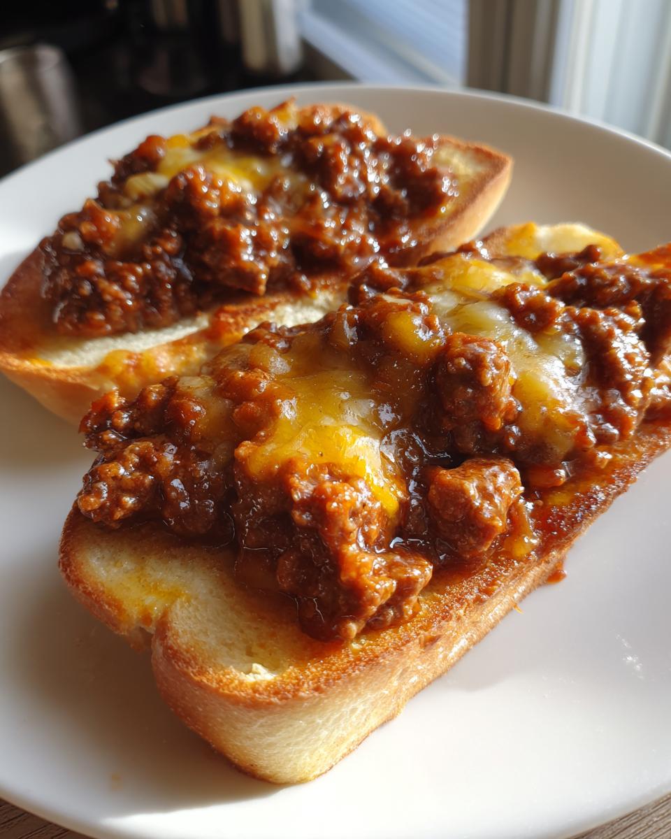 Two slices of texas toast sloppy joes topped with savory meat sauce and melted cheddar cheese.