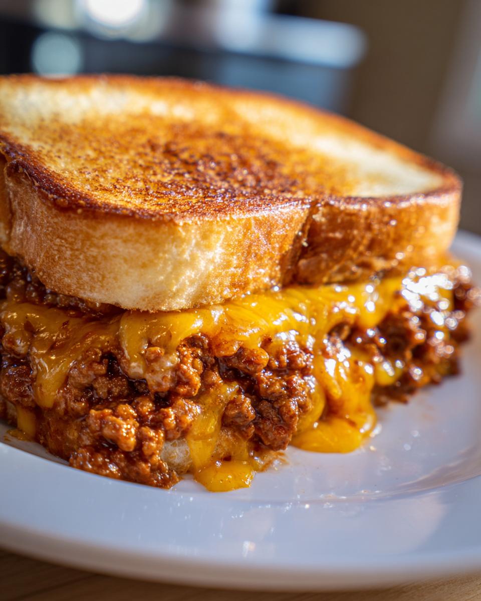 Close-up of a delicious texas toast sloppy joes sandwich with gooey melted cheddar cheese over the meat filling.