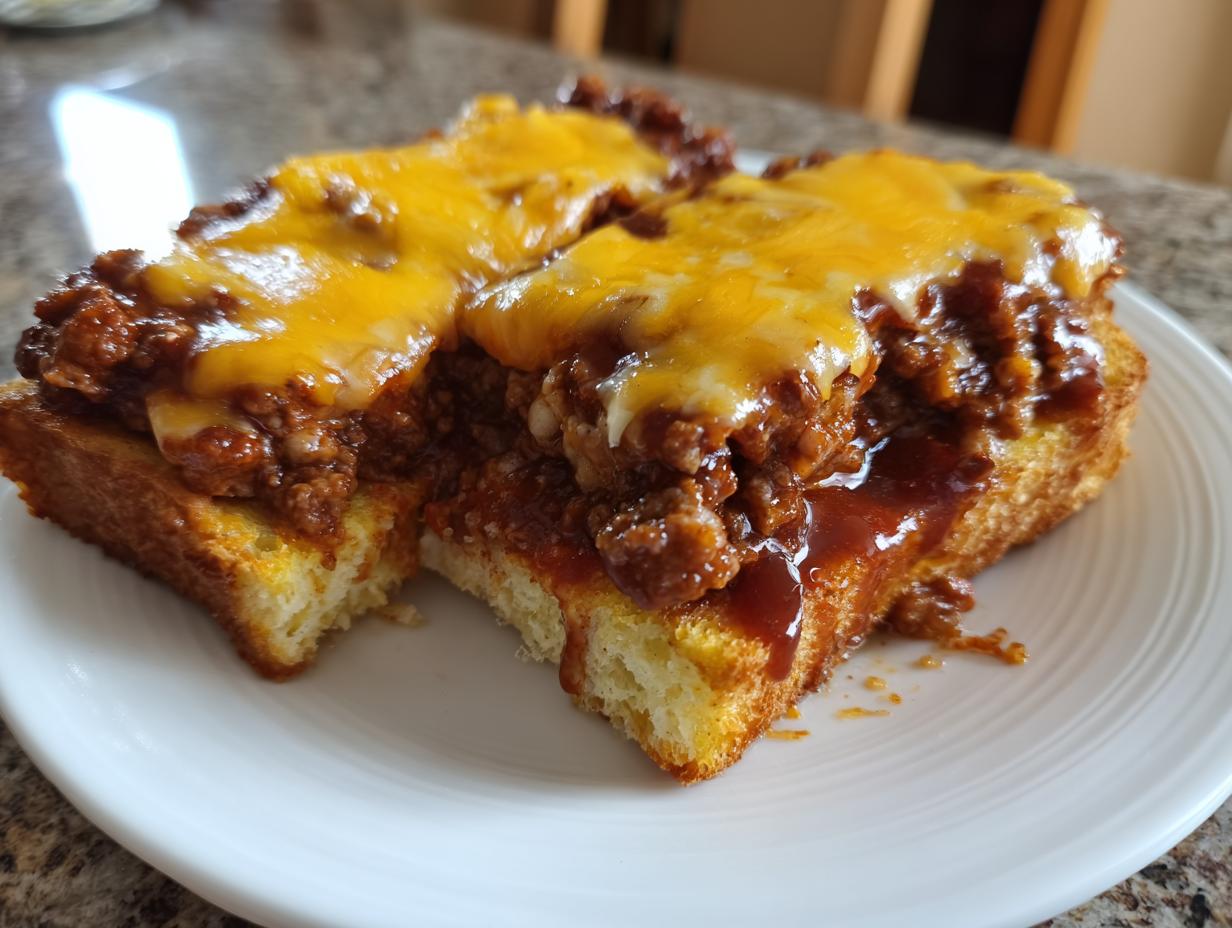 Two halves of Texas toast sloppy joes topped with meaty sauce and melted cheddar cheese, served on a white plate.