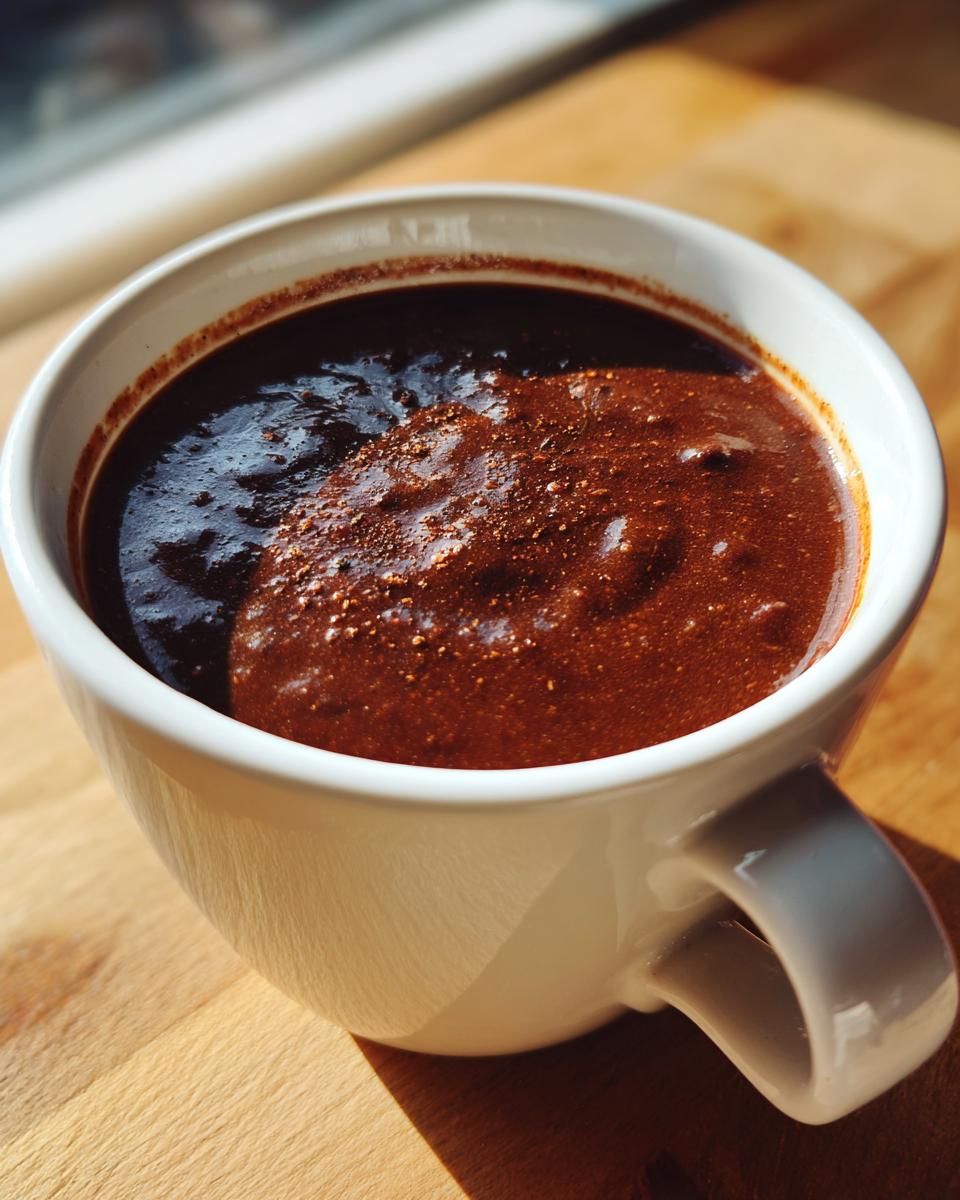 Close-up of thick, dark brown black bean soup served in a white mug on a wooden surface.
