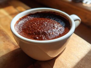 Close-up of thick, dark brown black bean soup served in a white mug on a wooden surface.