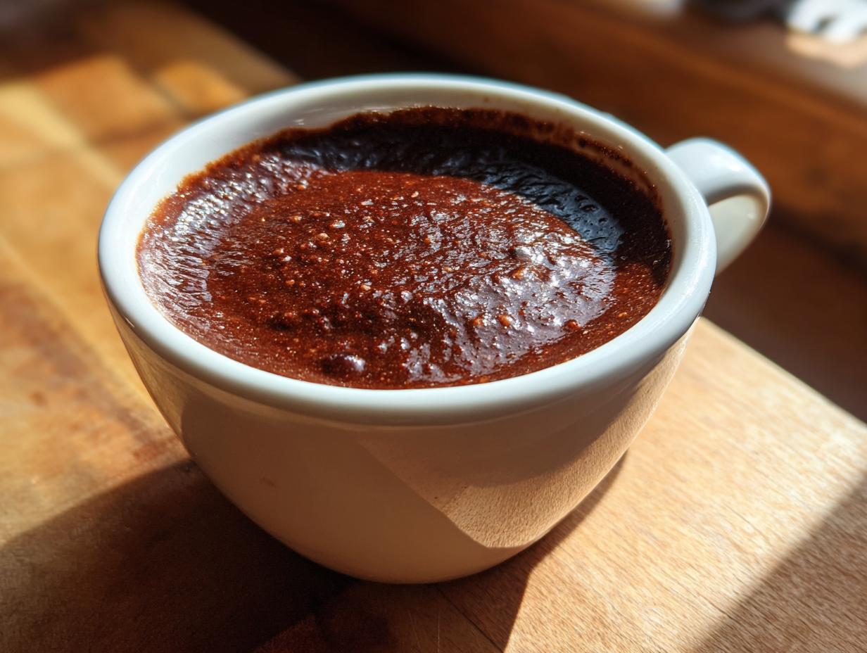 Close-up of thick, dark brown black bean soup served in a white mug on a wooden surface.