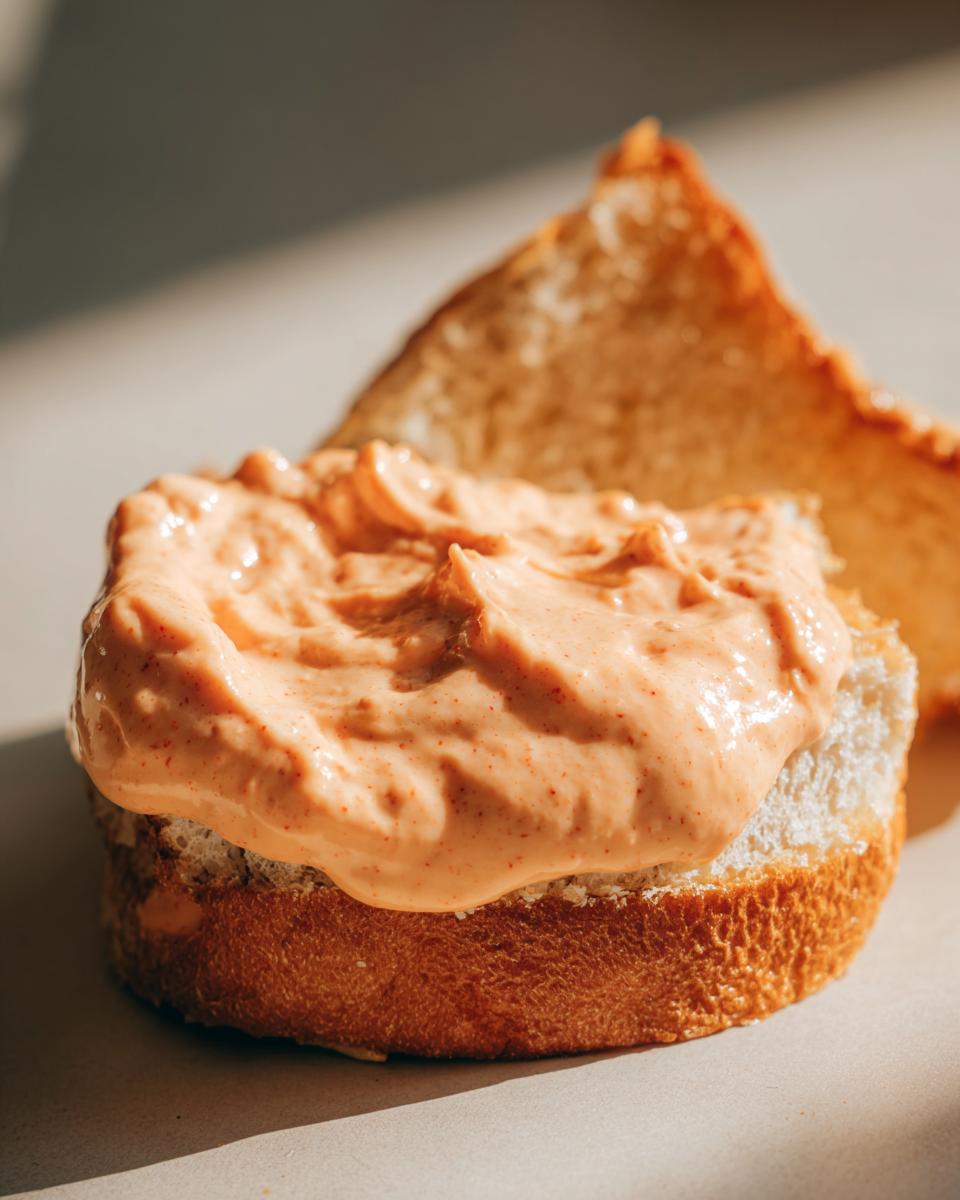 Close-up of thick, creamy orange burger sauce generously spread on a slice of toasted white bread.