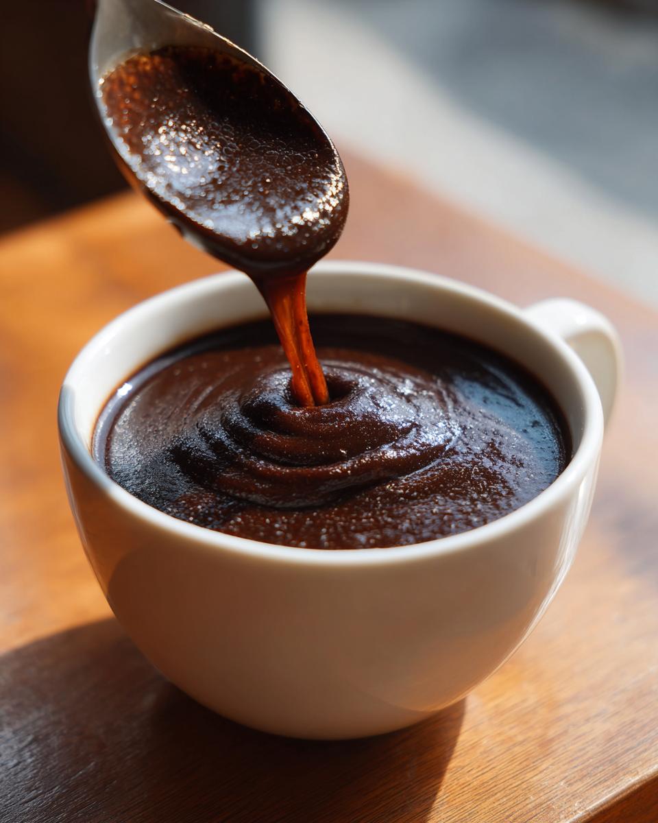 Close-up of thick, dark pureed black bean soup being spooned into a white mug.