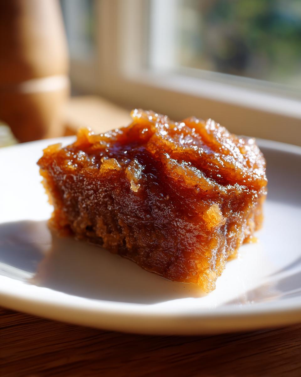 A close-up of a thick, glistening square of dark brown pear butter served on a white plate.
