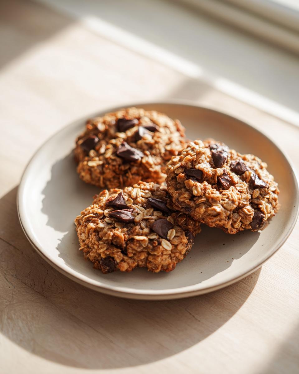 Three freshly baked banana oatmeal cookies studded with dark chocolate chips, resting on a light plate.