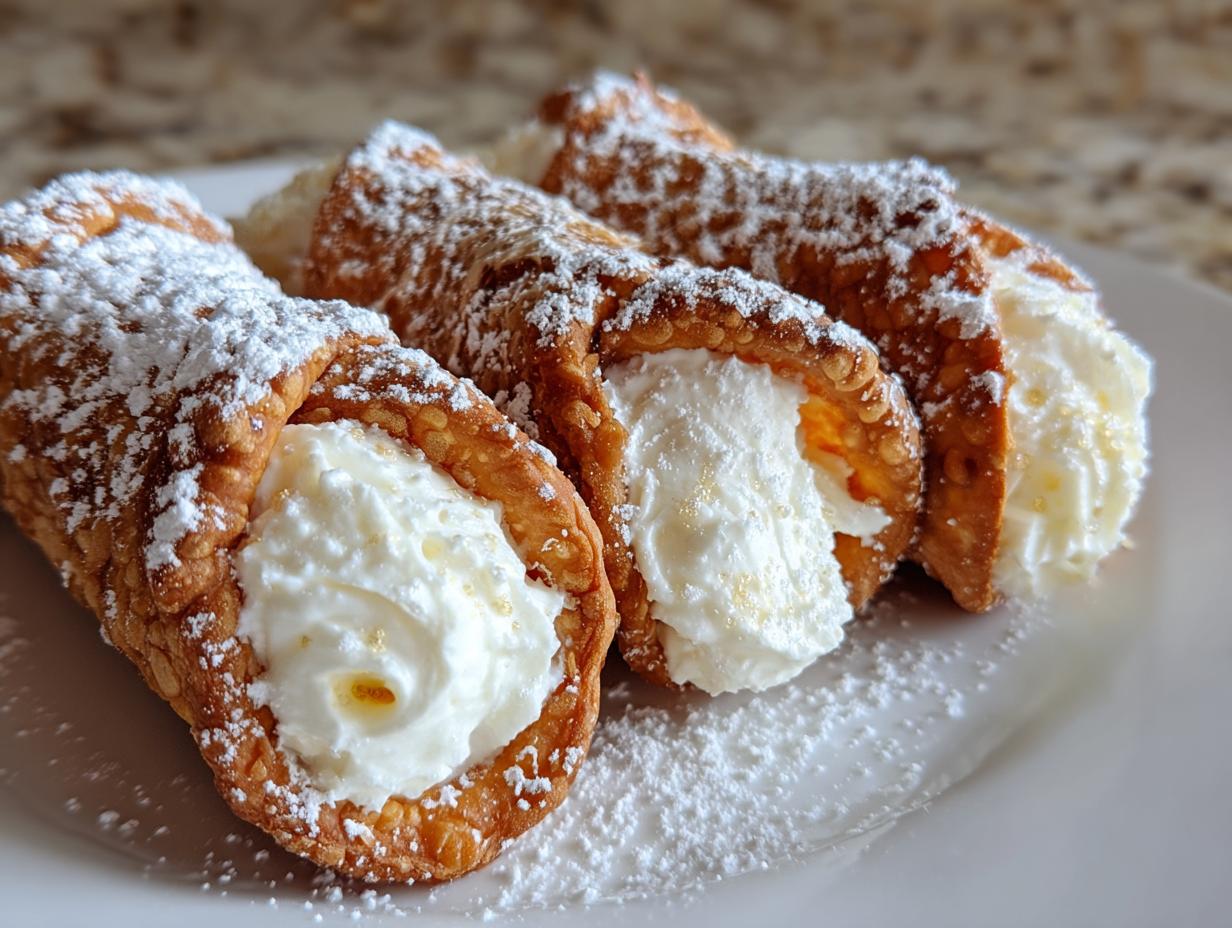 Three freshly made cannoli, filled with sweet ricotta cream and dusted heavily with powdered sugar.