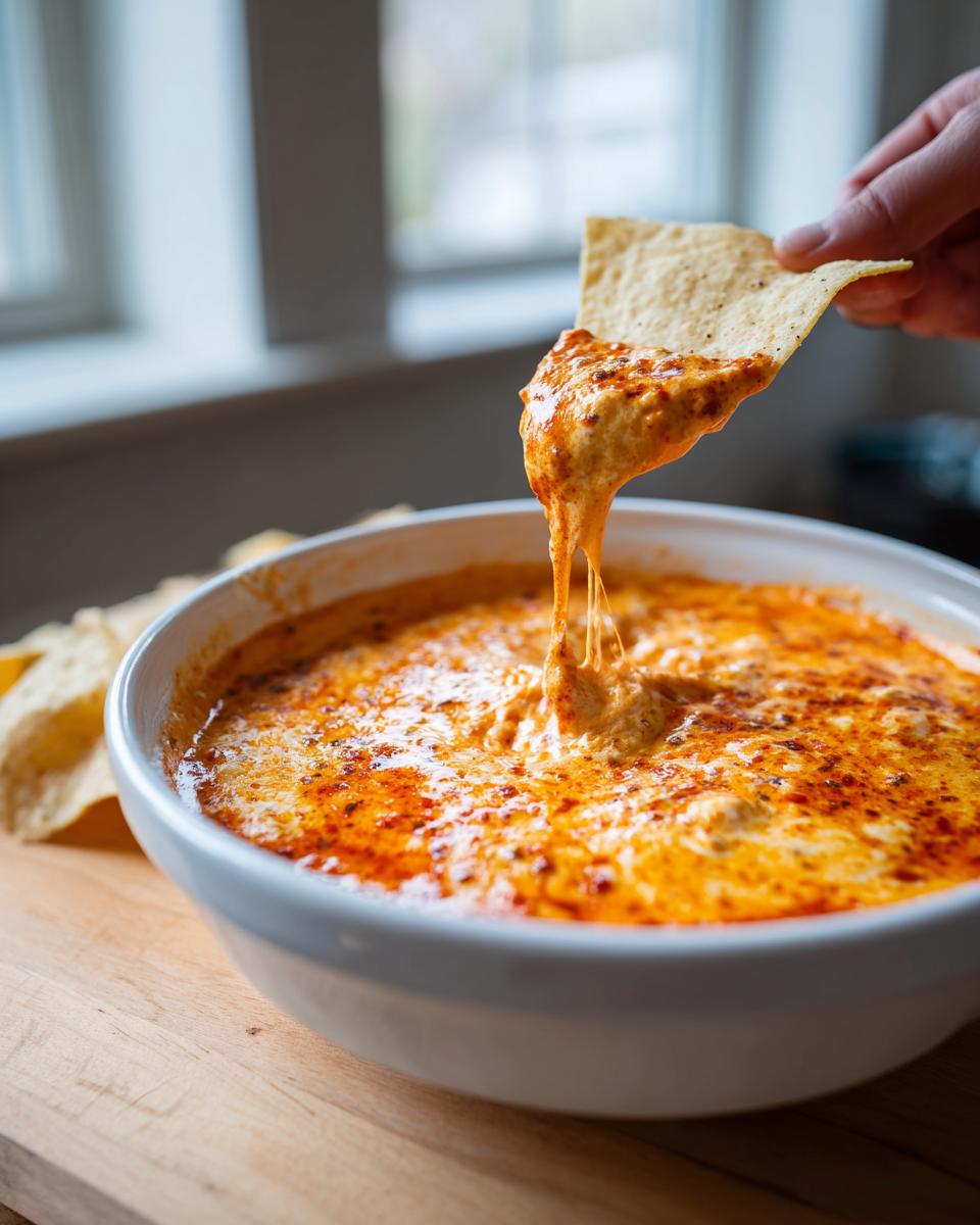 A hand dips a tortilla chip into a bowl of hot, cheesy chili cheese dip, showing a long cheese pull.