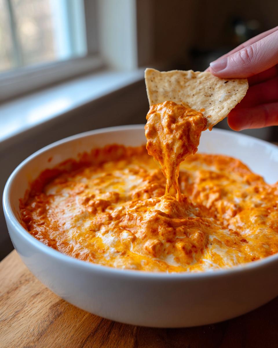 A hand dipping a tortilla chip into a bowl of hot, gooey, orange chili cheese dip, showing a satisfying cheese pull.