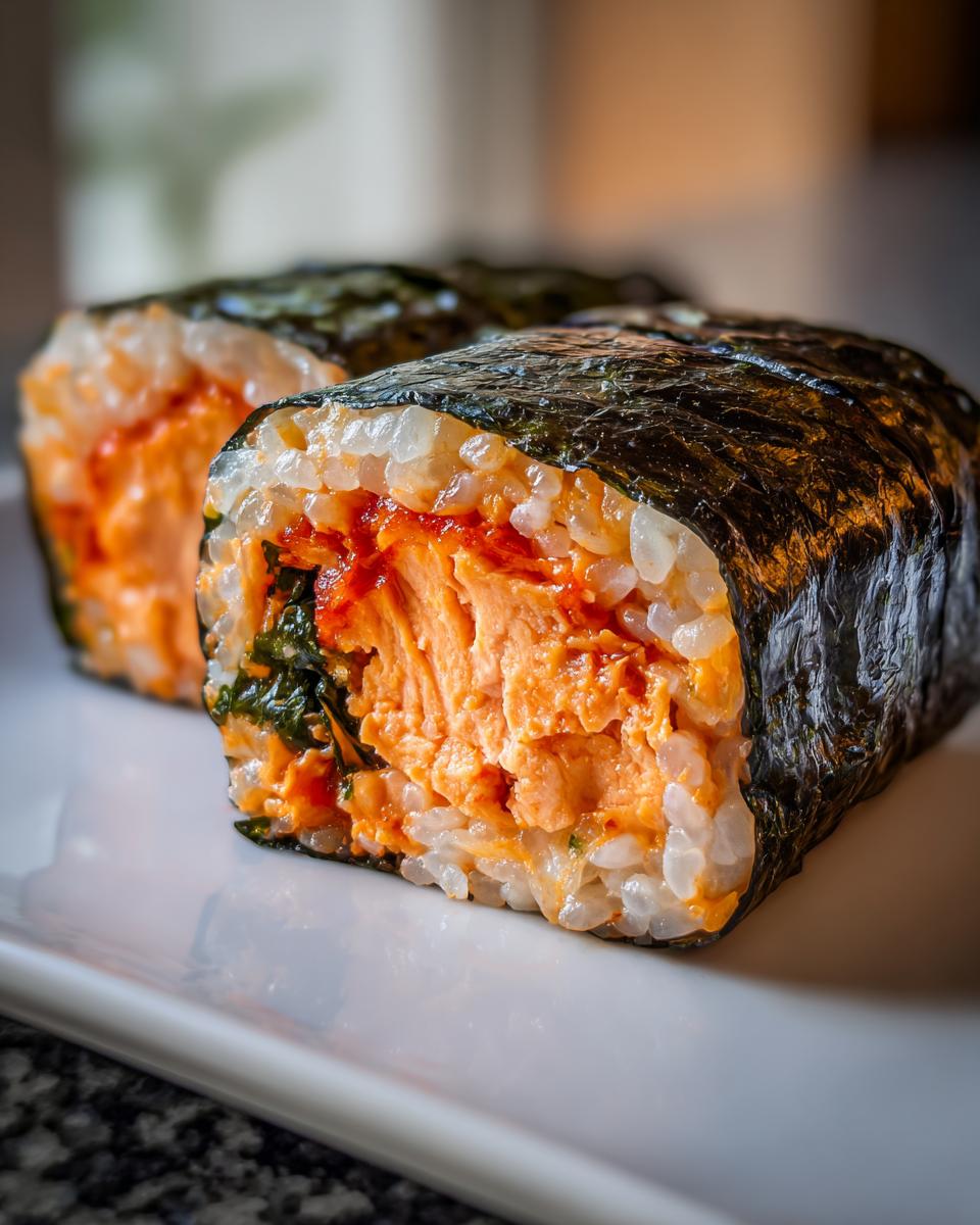 Close-up of two thick slices of homemade tuna kimbap showing the orange, seasoned tuna filling wrapped in rice and dark seaweed (nori).