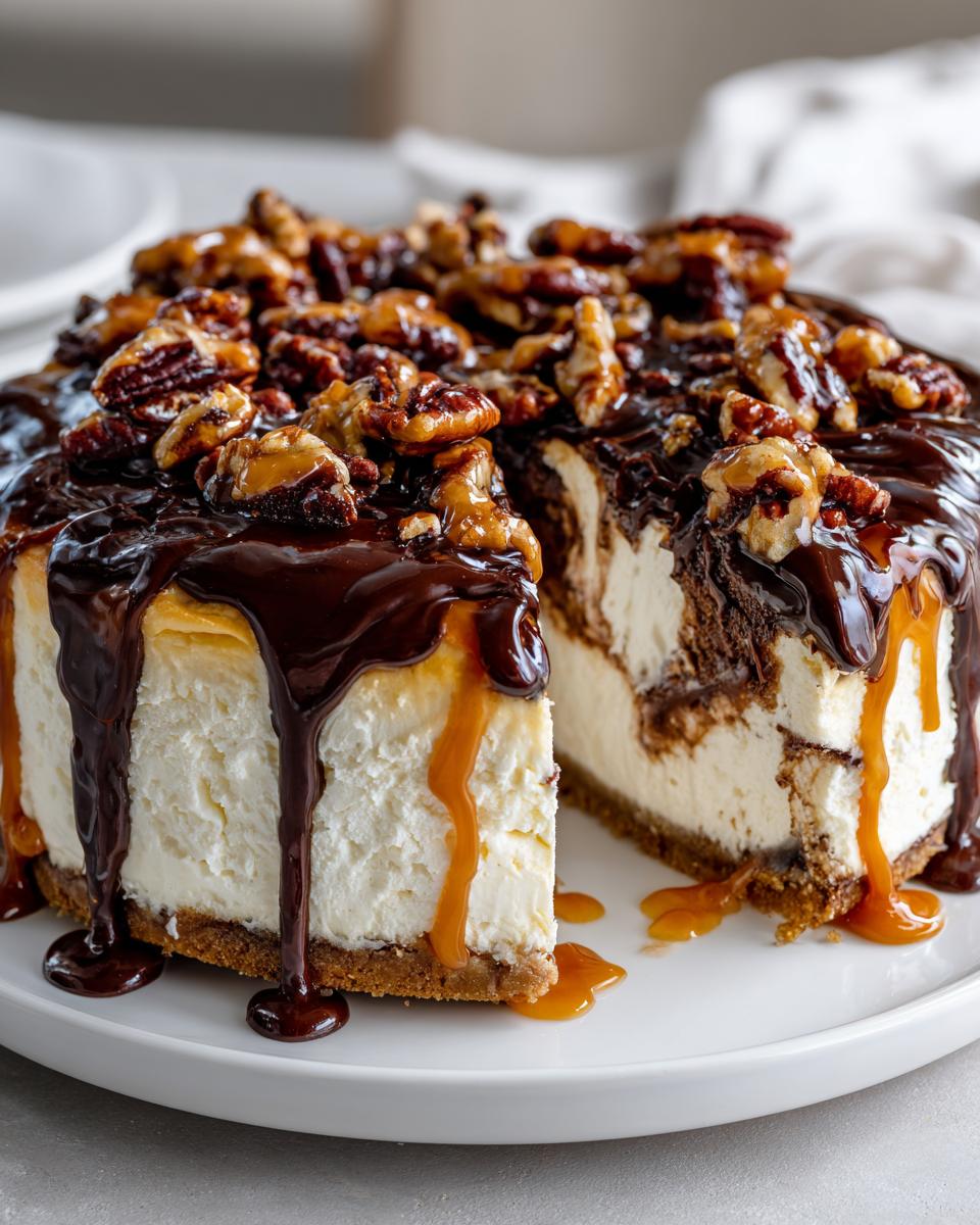 A rich turtle cheesecake with a slice removed, drizzled heavily with chocolate fudge and caramel sauce, topped with pecans.