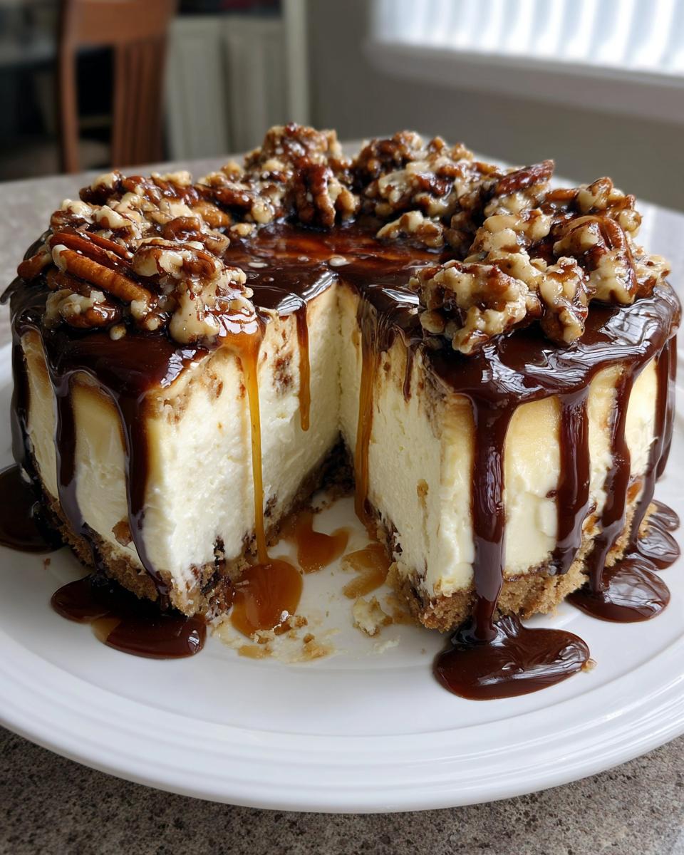 A decadent turtle cheesecake with a slice removed, showing creamy filling, dripping chocolate, and caramel sauce over pecans and walnuts.