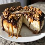 A creamy slice removed from a whole turtle cheesecake topped with caramel, chocolate drizzle, and pecans/walnuts.