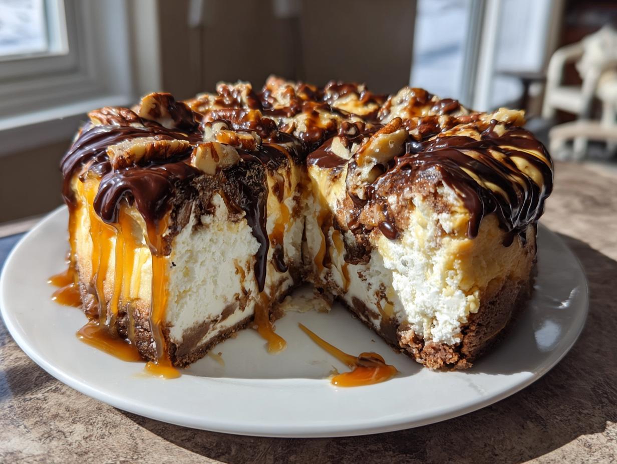 A close-up of a rich turtle cheesecake with a slice removed, drizzled heavily with chocolate and caramel sauce and topped with pecans.