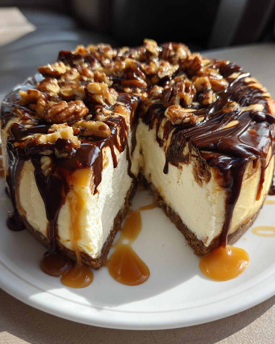 A whole turtle cheesecake with a slice removed, topped with pecans, chocolate, and caramel sauce.