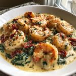Close-up of plump shrimp in a creamy sauce with spinach and sun-dried tomatoes, showcasing the Tuscan shrimp recipe.