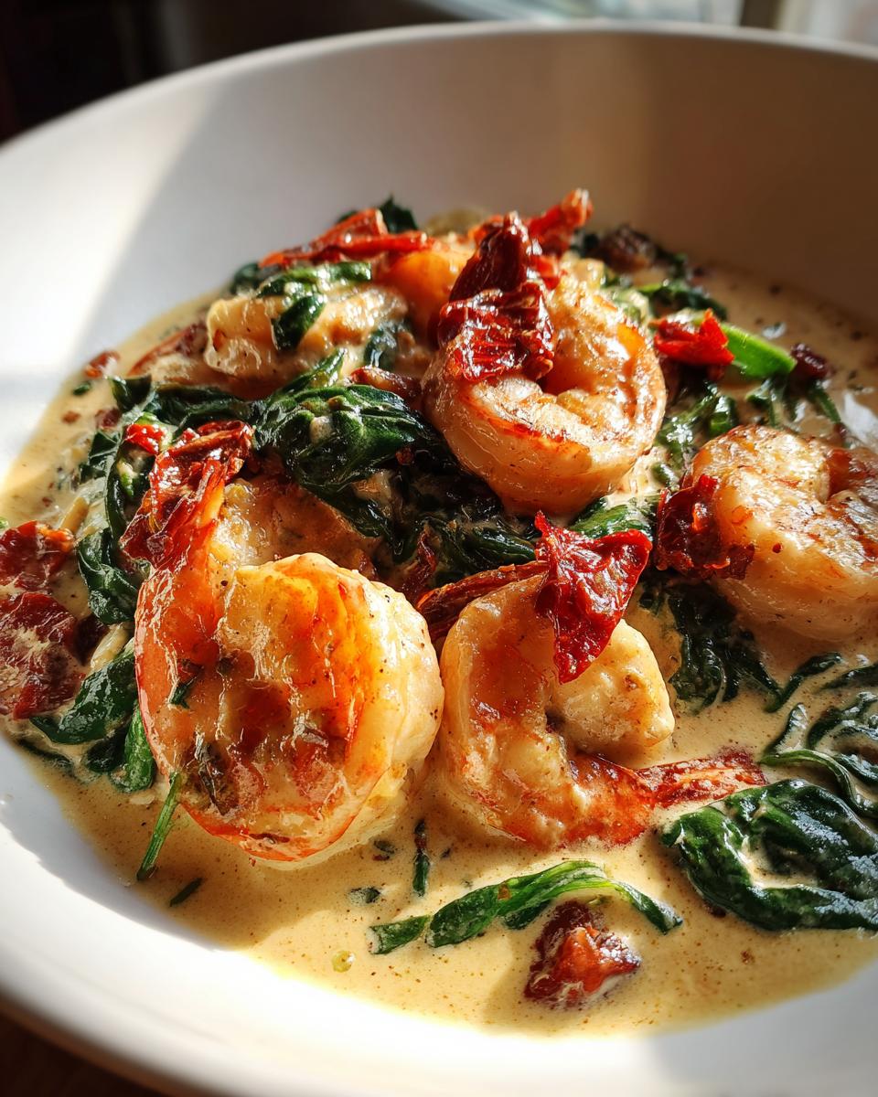 Close-up of succulent, seared shrimp in a creamy sauce with spinach and sun-dried tomatoes, showcasing the Tuscan shrimp recipe.