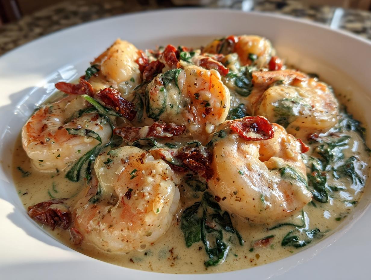 Close-up of succulent Tuscan shrimp swimming in a creamy sauce with spinach and sun-dried tomatoes.
