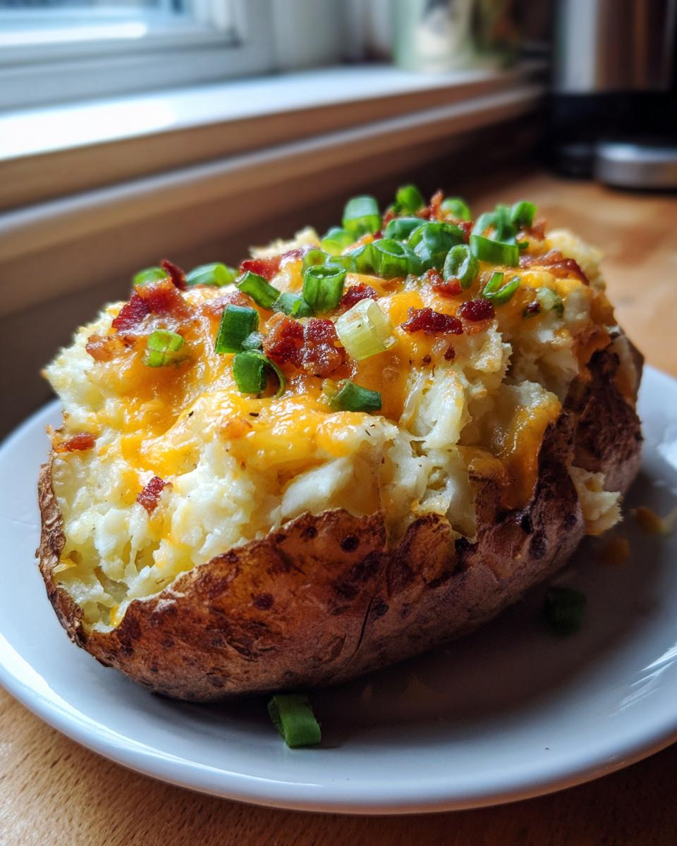 A close-up of a delicious twice baked potato stuffed with mashed potato, topped with melted cheddar cheese, bacon bits, and green onions.