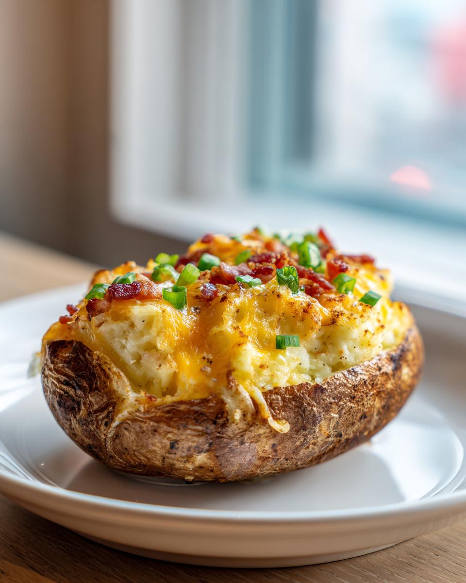 A close-up of a delicious twice baked potato overflowing with mashed filling, melted cheddar cheese, bacon bits, and green onions.