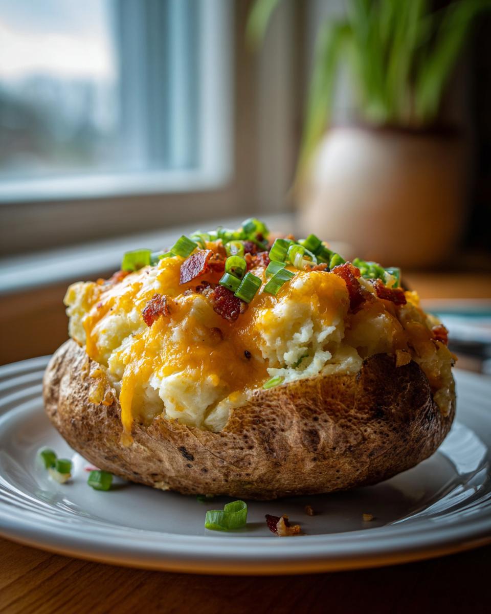 A close-up of a single, perfectly loaded twice baked potato topped with melted cheddar cheese, bacon bits, and green onions.
