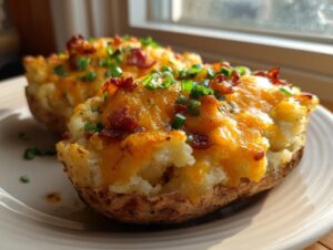 Two delicious twice baked potatoes loaded with melted cheddar cheese, bacon bits, and fresh chives.