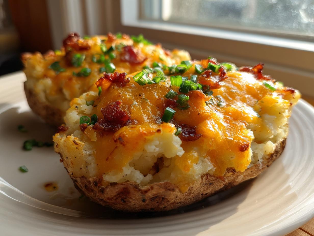 Two delicious twice baked potatoes loaded with melted cheddar cheese, bacon bits, and fresh chives.